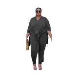 Plus Size Gray V Neck Loose Slit Top and Fit Pants Two Piece Set