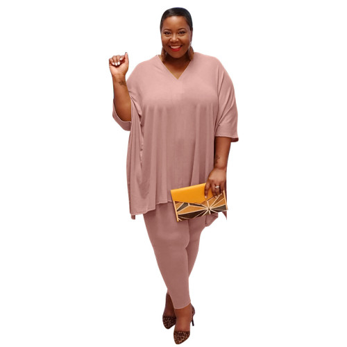 Plus Size Pink V Neck Loose Slit Top and Fit Pants Two Piece Set