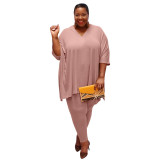 Plus Size Yellow V Neck Loose Slit Top and Fit Pants Two Piece Set