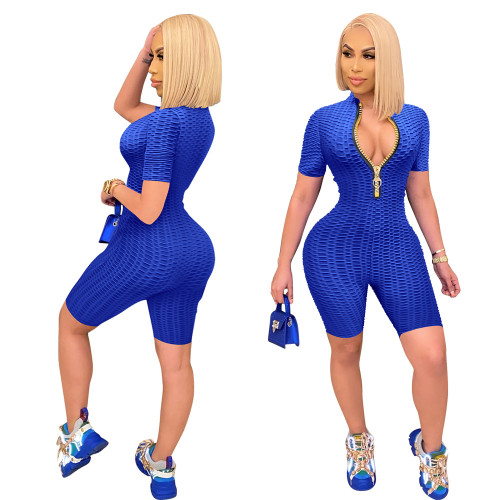 Blue Zip Up Textured Sports Bodycon Rompers