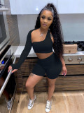 Blue Single Sleeve Irregular Crop Top and Biker Shorts Set