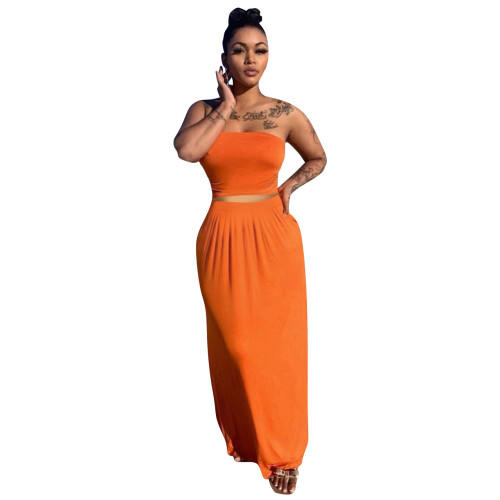 Orange Sexy Bandeau Top and Long Skirt 2PCS Set