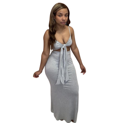 Sexy Gray Strap Tie Front Crop Top and Maxi Dress Two Piece Set
