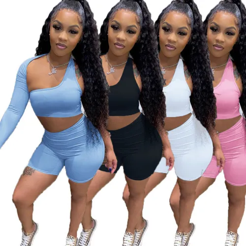 Blue Single Sleeve Irregular Crop Top and Biker Shorts Set