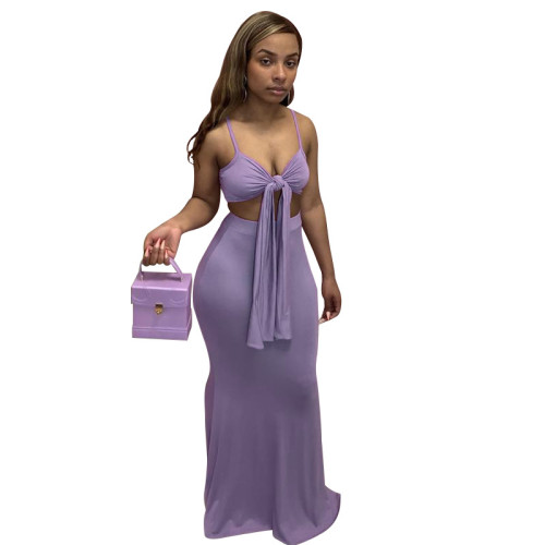 Sexy Purple Strap Tie Front Crop Top and Maxi Dress Two Piece Set