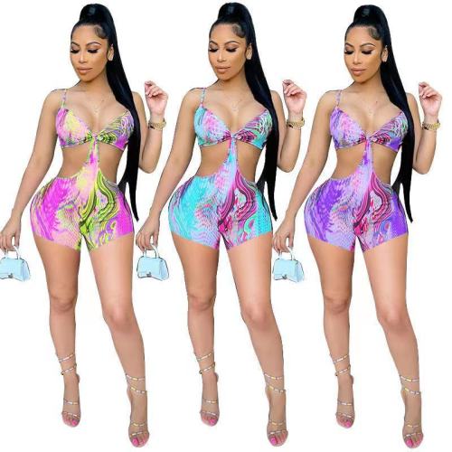Print Hot Pink Hollow Out Sexy Bodycon Rompers