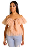 Pink Strap Lace Up Mesh Romantic Top