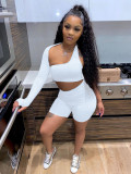 Pink Single Sleeve Irregular Crop Top and Biker Shorts Set