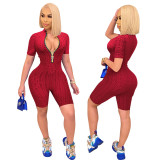 Red Zip Up Textured Sports Bodycon Rompers