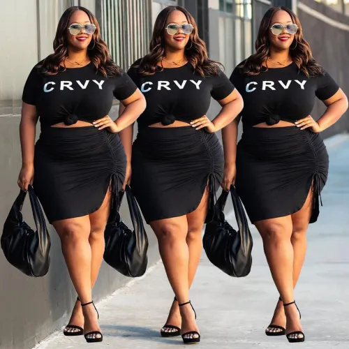 Plus Size Knot Print Letter Top and Drawstring Skirt 2PCS Set
