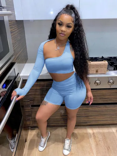 Blue Single Sleeve Irregular Crop Top and Biker Shorts Set