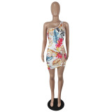 Floral One Shoulder Hollow Out O-rings Sexy Club Dress