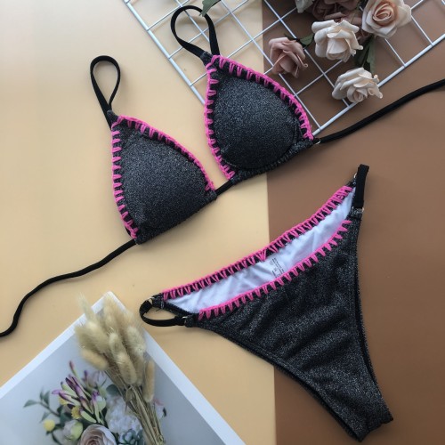 Contrast Binding Lurex Triangle Bikini Set