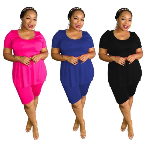 Plus Size Blue Slit Top and Tight Shorts 2PCS Set