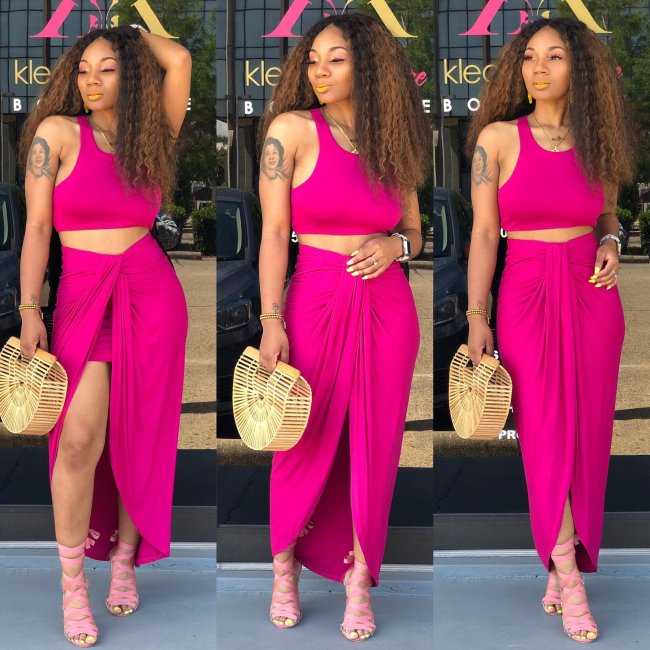 Hot Pink Crop Tank Top and Draped Long Skirt Set