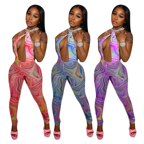 Print Purple Halter Backess Sexy Bodycon Jumpsuit