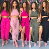 Hot Pink Crop Tank Top and Draped Long Skirt Set