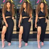 Black Crop Tank Top and Draped Long Skirt Set