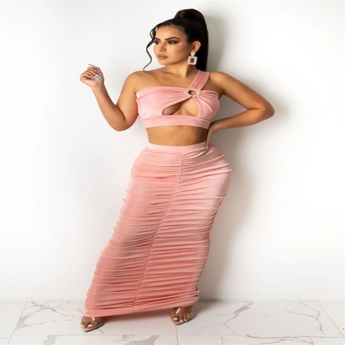 Pink One Shoulder Cut Out Crop Top and Ruched Skirt 2pcs Set
