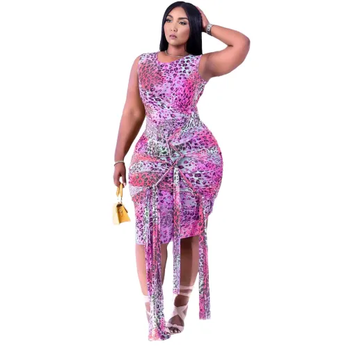 Fashion Leopard Print Hot Pink Sleeveless Strings Bodycon Dress