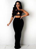 Black One Shoulder Cut Out Crop Top and Ruched Skirt 2pcs Set