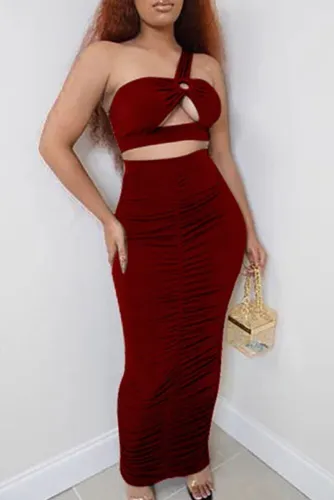 Pink One Shoulder Cut Out Crop Top and Ruched Skirt 2pcs Set