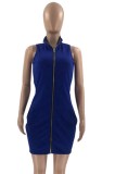 Plus Size Blue Zipper Sleeveless Mini Bodycon Dress