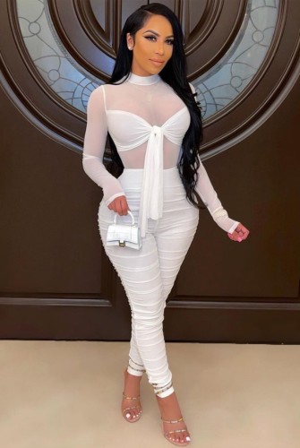 White Sexy Ruched Long Sleeve Tie Front Bodycon Jumpsuit