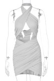 Sexy Plain Cut Out Cross Halter Neck Wrap Mini Dress