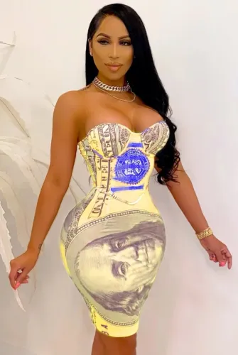 Print Dollars Sexy Strapless Bodycon Dress