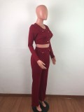 Red Long Sleeve Crop Top and Flare Pants 2pcs Set