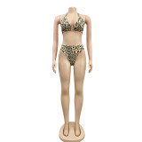 Leopard Print Bikini Set & Long Sleeve Cover Up 3PCS
