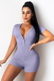 Wholesale Casual Purple V Neck Ribbed Bodycon Rompers
