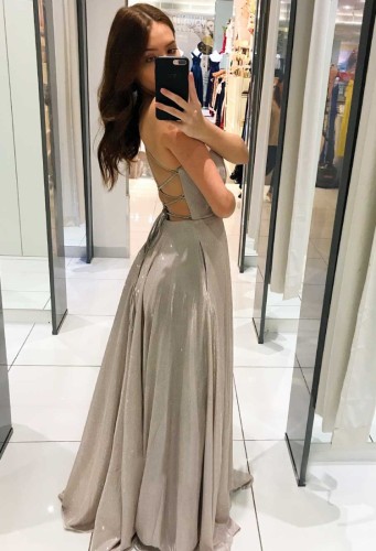 Formal Grey Deep-V Cami Evening Dress