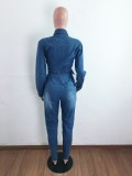Blue Button Up Long Sleeve Belted Denim Jumpsuit