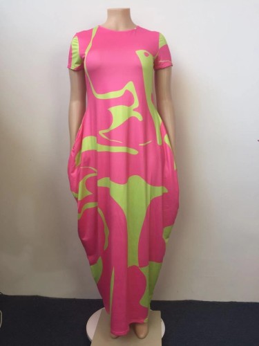 Plus Size Print Loose Maxi Dress with Pockets