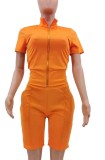Orange Sexy Tight Zipper Sleeveless Crop Top and Shorts 2PCS Set