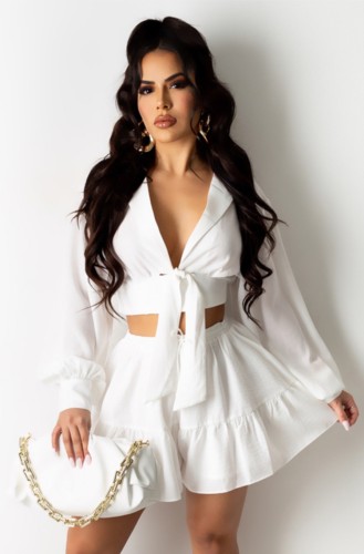 Wholesale White Long Sleeve Crop Top and Skirt Set