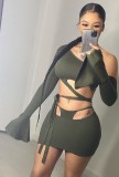 Green Hollow Out Sexy One Shoulder Sleeveless Crop Top & Mini Skirt Set