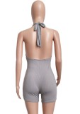 Grey Ribbed Sexy Deep-V Tight Rompers