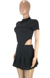 Wholesale Plain Plain High Cut Bodysuit and Matching Pleated Skirt 2PC Set