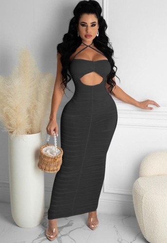 Black Sexy Cut Out Ruched Halter Midi Dress