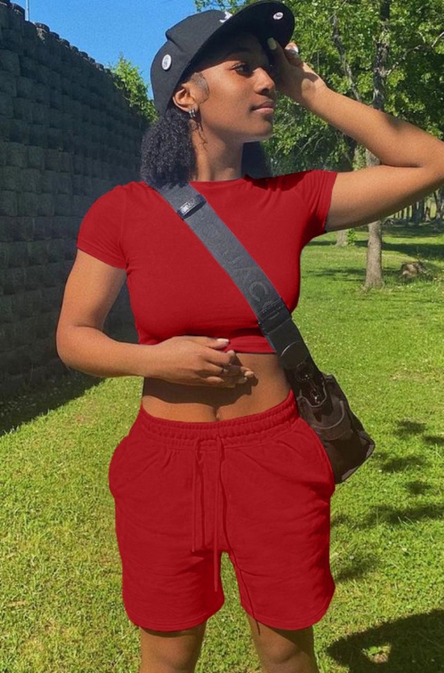 Red Casual Crop Tank and Sweat Shorts Set