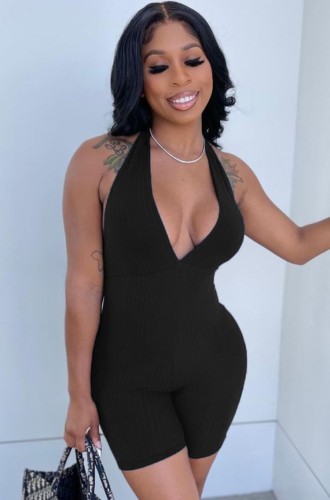 Black Ribbed Sexy Deep-V Tight Rompers