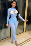 Blue Mesh See Through Sexy Sequin Bra Long Sleeve Bodycon Jumpsuit