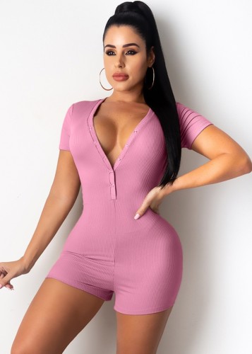Wholesale Casual Pink V Neck Ribbed Bodycon Rompers