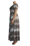 Wholesale Plus Size Snakeskin Wrap Long Maxi Dress with Short Sleeves
