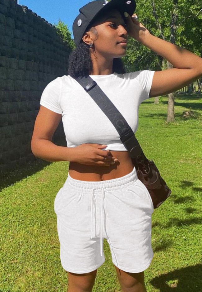 White Casual Crop Tank and Sweat Shorts Set