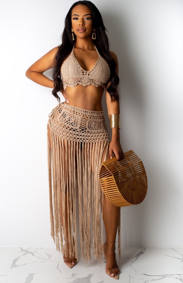 Khaki Crochet Halter Sleeveless Crop Top and Tassels Skirt 2PCS Cover Up