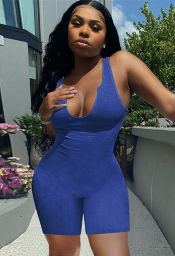 Blue Sexy Ribbed Sleeveless Bodycon Rompers